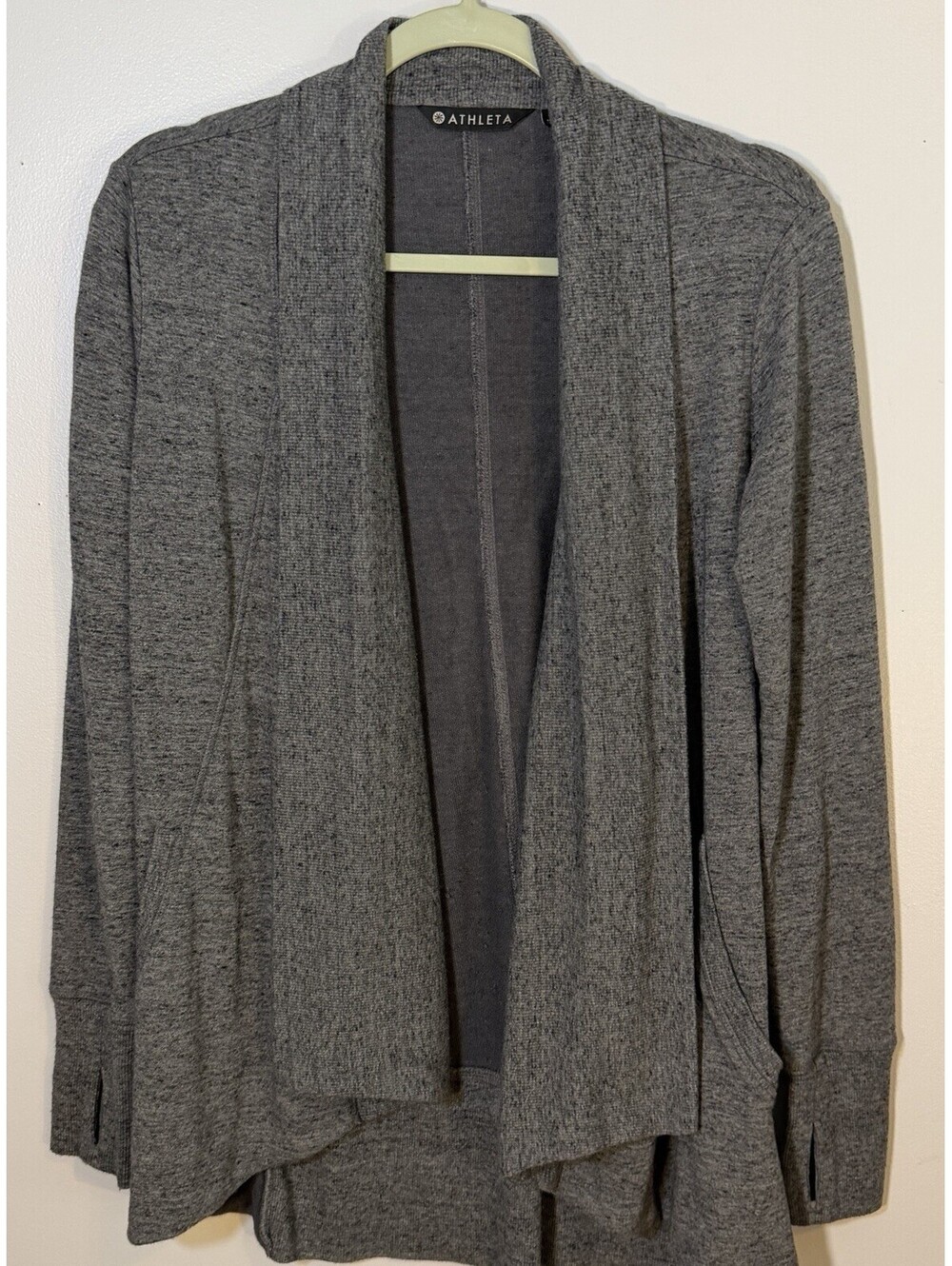 Athleta Grey Open Cardigan Wrap Sweater Shrug Heathered Knit Thumb Holes XS GUC